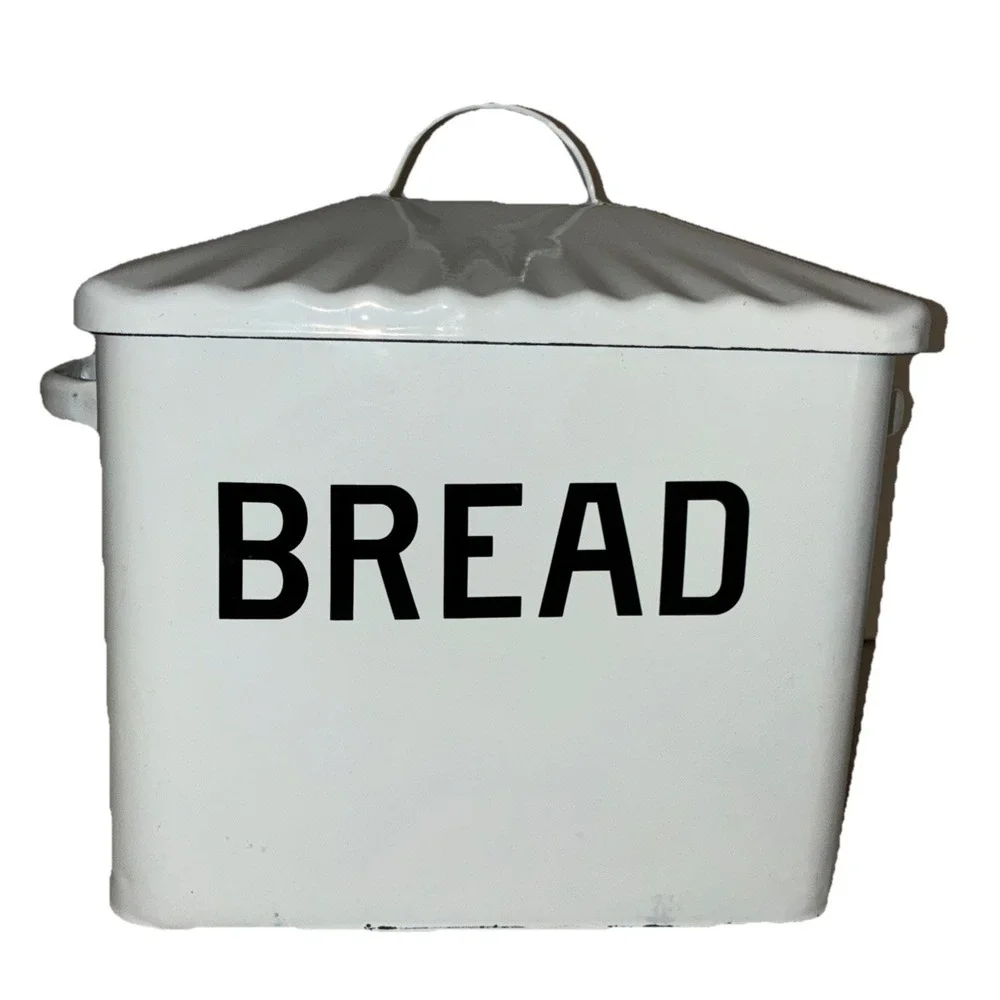 Bread‎ Box Enamelware Metal Bin White Retro Shabby Chic Farmhouse 11x9x7.5